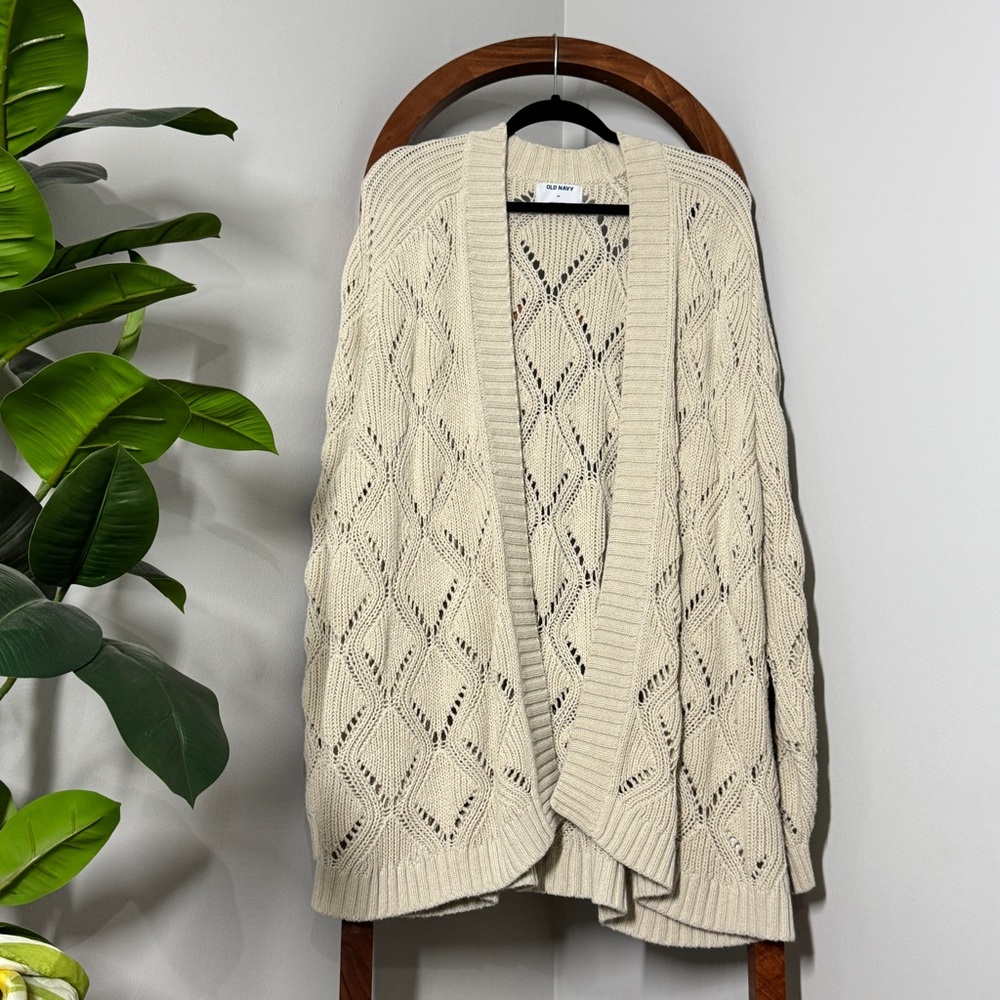Old Navy 2X Pointelle Knit Open Front Cardigan Sweater in Ecru